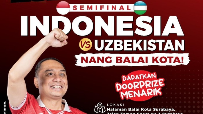 Pamflet undangan nobar Semifinal Piala Asia Indonesia vs Uzbekistan di Balai Kota Surabaya.