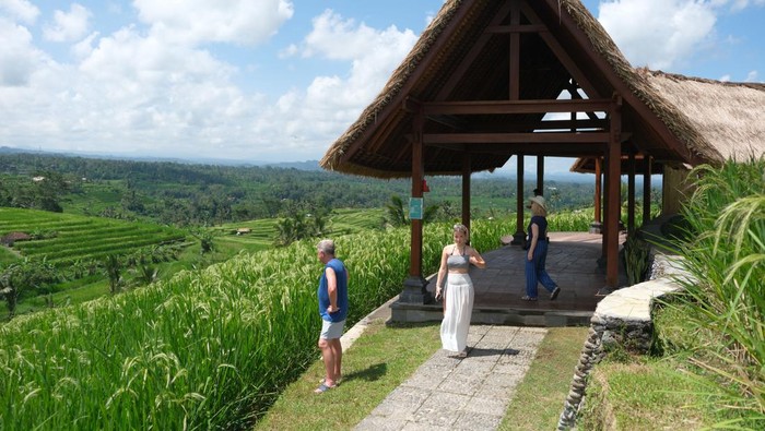 Sejumlah wisatawan mancanegara menikmati suasana persawahan di Daya Tarik Wisata (DTW) Jatiluwih, Tabanan, Bali, Minggu (28/4/2024). Menurut pengelola DTW Jatiluwih, dalam menyambut World Water Forum (WWF) ke-10 akan mempersiapkan budaya pertanian tradisional khas Bali dan memperkenalkan subak atau sistem pengairan sawah saat kunjungan kepala negara dan delegasi WWF pada 24 Mei 2024. ANTARA FOTO/Nyoman Hendra Wibowo/tom.