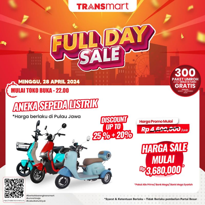 Transmart Full Day Sale kembali Minggu, 28 April 2024. Ada aneka sepeda listrik yang ditawarkan dengan diskon up to 25%+20%.
