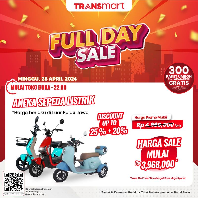 Transmart Full Day Sale kembali Minggu, 28 April 2024. Ada aneka sepeda listrik yang ditawarkan dengan diskon up to 25%+20%.