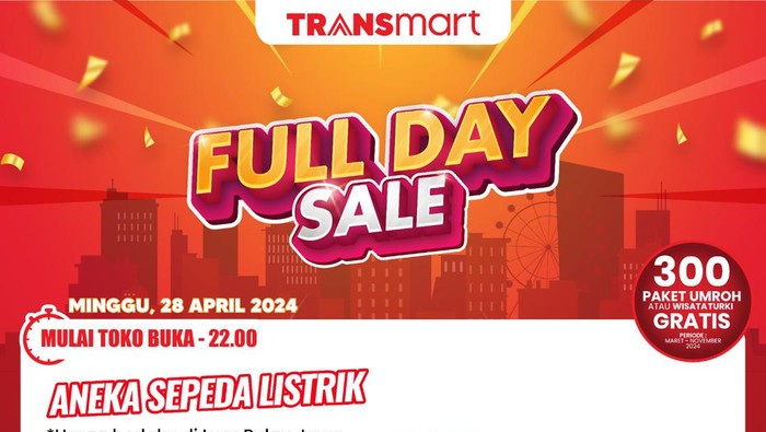 Transmart Full Day Sale kembali Minggu, 28 April 2024. Ada aneka sepeda listrik yang ditawarkan dengan diskon up to 25%+20%.