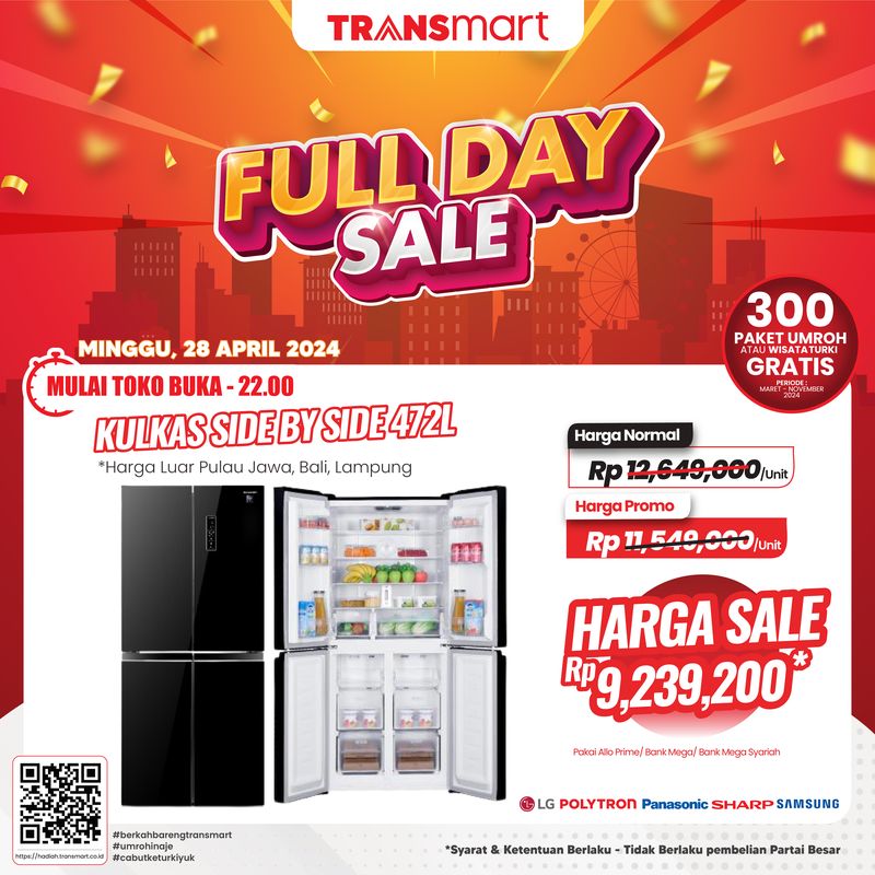 Transmart Full Day Sale kembali Minggu, 28 April 2024. Salah satunya adalah kulkas Side By Side 472L.