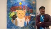 Robby (31), seniman teman Tuli yang lain, mengaku mesti bolak-balik Yogya-Jakarta untuk menyelesaikan lukisan ini selama sebulan. Aku sudah menyelesaikan lukisanku, dan aku senang sekali saat panitia memilih lukisan ini untuk dipajang di pameran. Rasanya sangat senang sekali.” tutur Robby kepada detikedu. Foto: (Callan Rahmadyvi Triyunanto/detikcom)