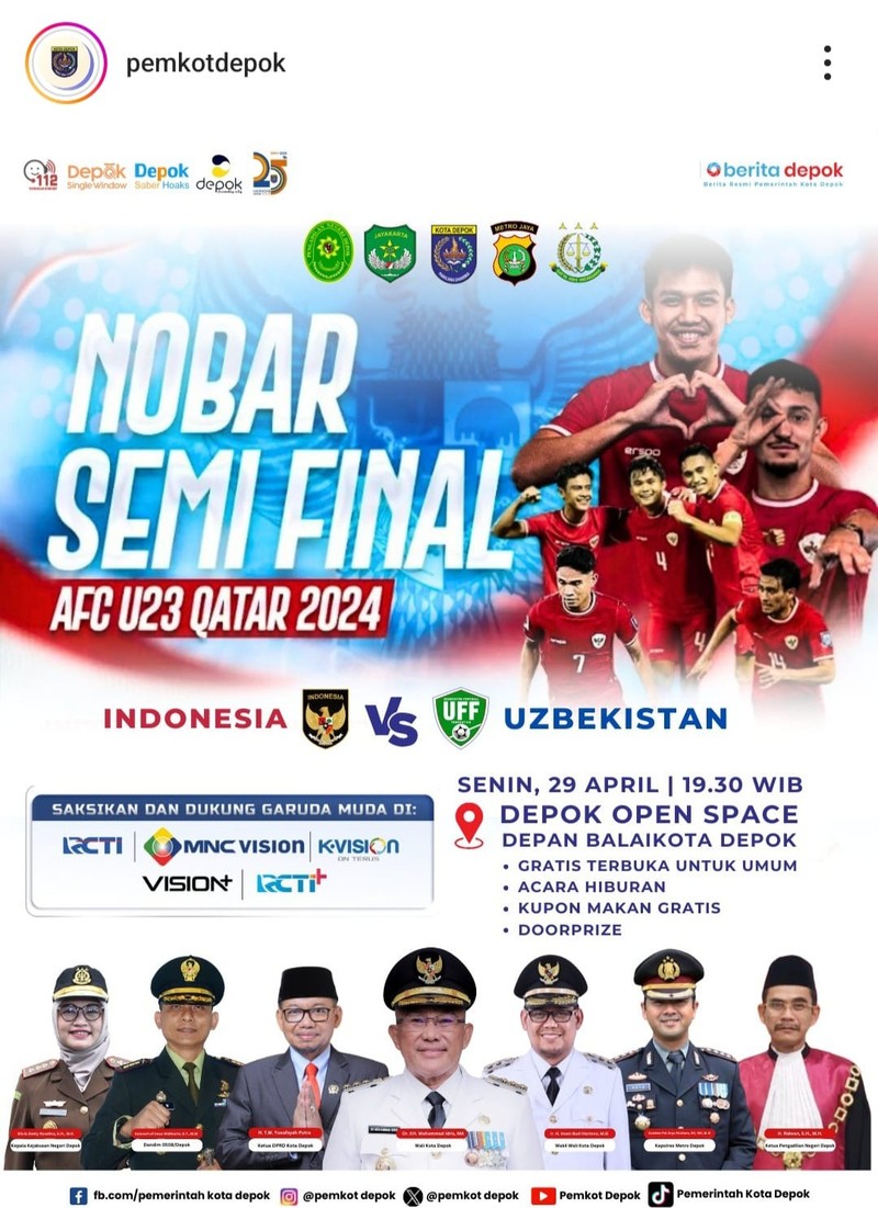 Jadwal nobar Indonesia Vs Uzbekistan di Pemkot