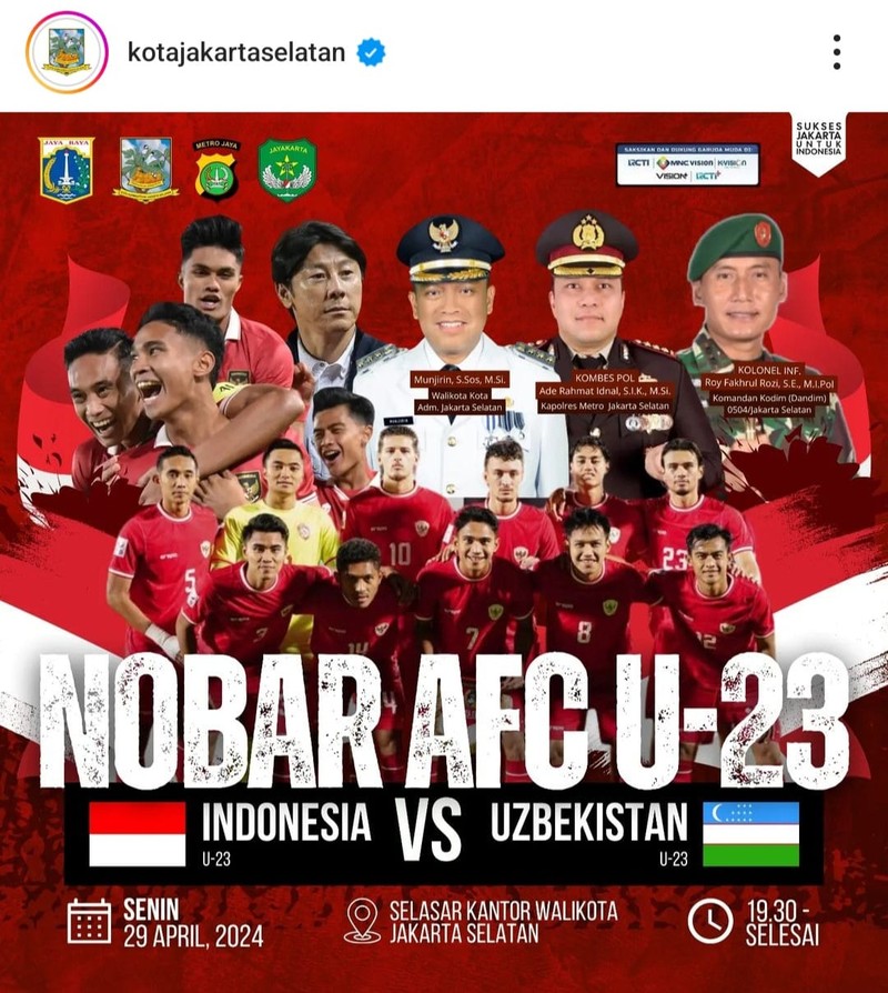 Jadwal nobar Indonesia Vs Uzbekistan di Pemkot