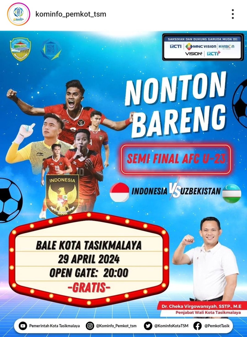 Jadwal nobar Indonesia Vs Uzbekistan di Pemkot