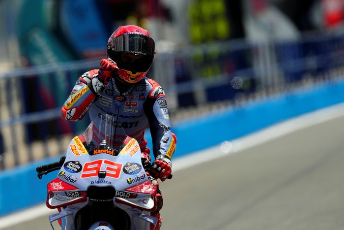 Marc Marquez (93) of Spain and Gresini Racing Moto GP Ducati  celebrates after the race of the Gran Premio Estrella Galicia 0,0 de España at Circuito de Jerez - Angel Nieto on April 28, 2024 in Jerez de la Frontera, Spain. (Photo by Jose Breton/Pics Action/NurPhoto via Getty Images)