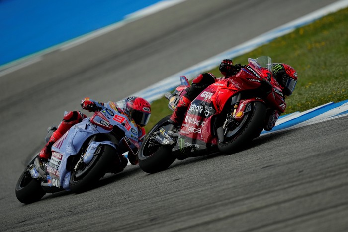Francesco Pecco Bagnaia (1) of Italy and Ducati Lenovo Team, Marc Marquez (93) of Spain and Gresini Racing Moto GP Ducati  during the race day of the Gran Premio Estrella Galicia 0,0 de España at Circuito de Jerez - Angel Nieto on April 28, 2024 in Jerez de la Frontera, Spain. (Photo by Jose Breton/Pics Action/NurPhoto via Getty Images)