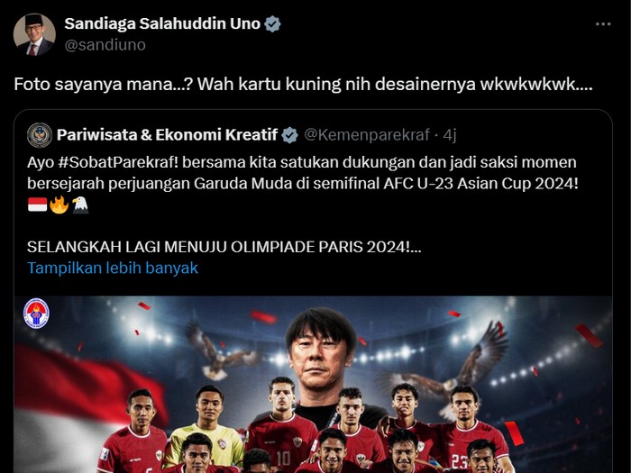 Sandiaga kelakar, protes fotonya tak disertakan dalam poster dukungan ke Timnas U-23.