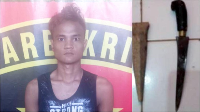 Teguh, tersangka yang bunuh kakak kandung sendiri di Muba diamankan berikut barang bukti pisau.
