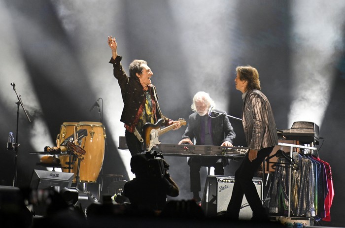 Mick Jagger, Ronnie Wood and Keith Richards of the rock band The Rolling Stones kick off their 2024 Hackney Diamonds tour at the NRG Stadium in Houston, Texas, U.S. April 28, 2024. REUTERS/Callaghan OHare