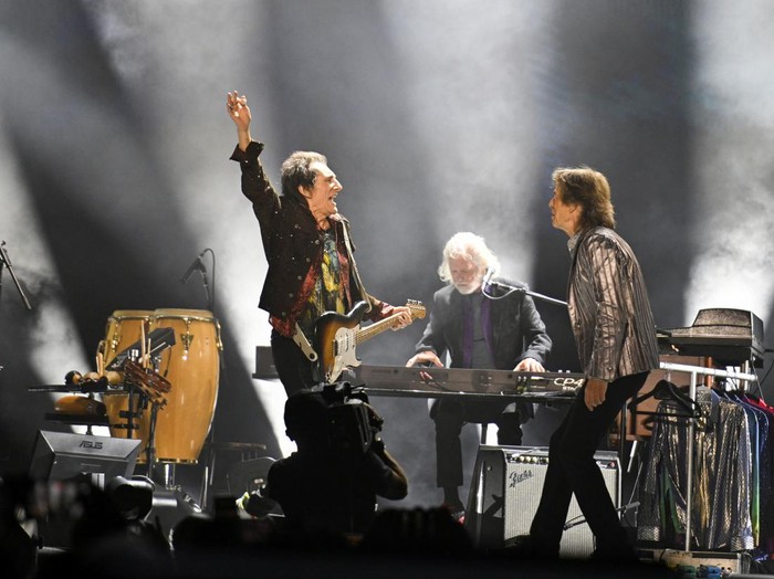 Mick Jagger, Ronnie Wood and Keith Richards of the rock band The Rolling Stones kick off their 2024 Hackney Diamonds tour at the NRG Stadium in Houston, Texas, U.S. April 28, 2024. REUTERS/Callaghan O'Hare