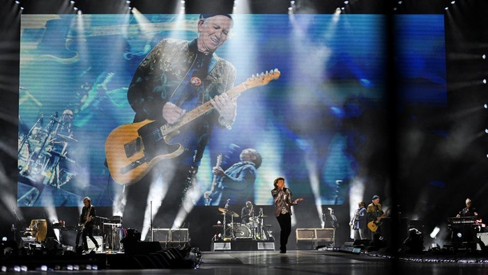 Mick Jagger, Ronnie Wood and Keith Richards of the rock band The Rolling Stones kick off their 2024 Hackney Diamonds tour at the NRG Stadium in Houston, Texas, U.S. April 28, 2024. REUTERS/Callaghan O'Hare