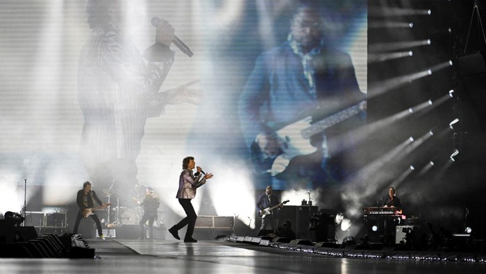 Mick Jagger, Ronnie Wood and Keith Richards of the rock band The Rolling Stones kick off their 2024 Hackney Diamonds tour at the NRG Stadium in Houston, Texas, U.S. April 28, 2024. REUTERS/Callaghan OHare