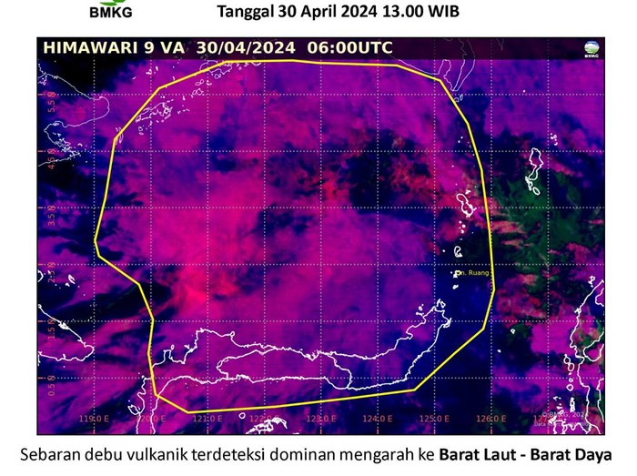 Citra satelit sebaran abu vulkanik Gunung Ruang Sitaro.