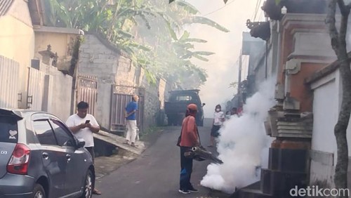 Pelaksanaan fogging di kawasan perumahan di Kota Gianyar, salah satu lokasi yang banyak warga terjangkit DBD, Selasa (30/4/2024). (foto : Putu Krista/detikBali).