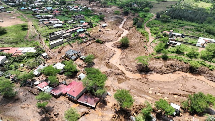 A drone view shows damaged houses after heavy flash floods wiped out several homes when a dam burst, following heavy rains in Kamuchiri village of Mai Mahiu, Nakuru County, Kenya April 29, 2024. REUTERS/Edwin Waita