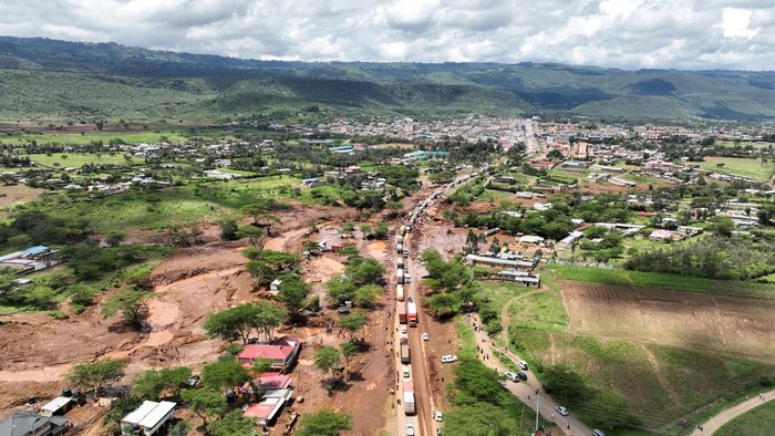 A drone view shows damaged houses after heavy flash floods wiped out several homes when a dam burst, following heavy rains in Kamuchiri village of Mai Mahiu, Nakuru County, Kenya April 29, 2024. REUTERS/Edwin Waita