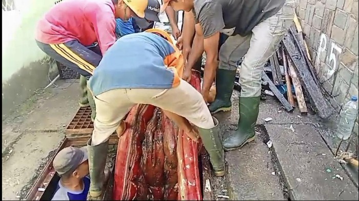 Petugas mengangkat kasur yang menyumbat selokan di Gresik