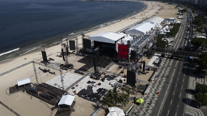 A stage is built on Copacabana beach for Madonna's concert in Rio de Janeiro, Brazil, Monday, April 29, 2024. (AP Photo/Bruna Prado)
