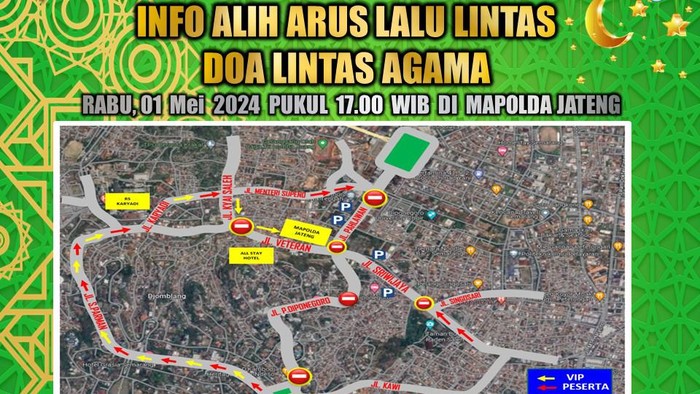 Penutupan jalan dan pengalihan arus lalu lintas di Semarang saat Polda Jateng Bershalawat Doa Bersama Keamanan Dan Kedamaian Negeri, Rabu (1/5/2024).
