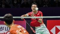 Jonatan Christie menang dalam tiga gim 21-18, 16-21, 21-17.