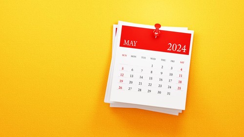 May 2024 calendar on yellow background. Front view. Horizontal composition with copy space. Calendar and reminder concept.