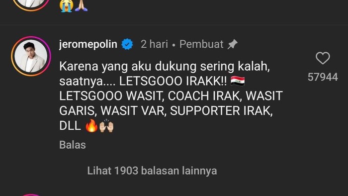 Di medsos, cukup ramai soal kutukan Jerome di mana semua tim yang didukungnya kebetulan kalah. Jerome Polin mengaku kali ini bakal dukung Irak.
