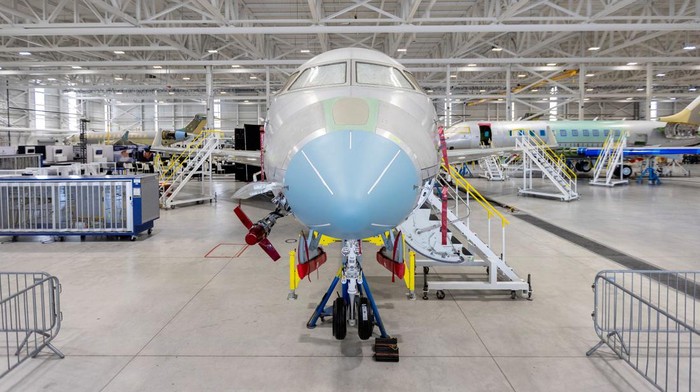 Airplanes in production on the factory floor as Canadian business jet maker Bombardier holds an investor day at their plant in Mississauga, Ontario, Canada May 1, 2024. REUTERS/Carlos Osorio