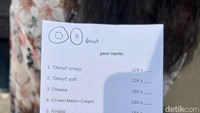 Sebelum memesan di kasir, pengunjung akan diberi kertas seperti ini. Isi kertas itu adalah menu donat yang akan dibeli. Satu orang hanya bisa membeli satu boks isi 5 donat. Foto: Detikcom / Atiqa Rana