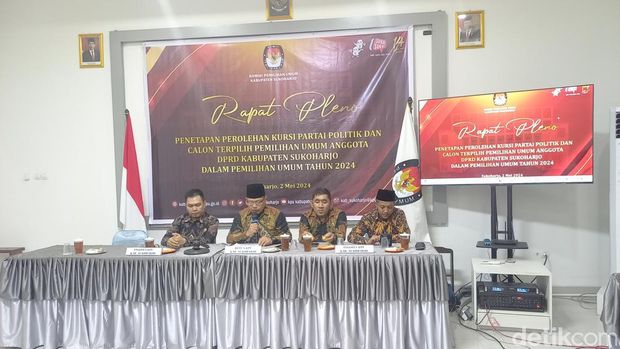 KPU Sukoharjo saat menggelar Rapat Pleno Penetapan Calon terpilih DPRD Sukoharjo 2024, di Gedung PGRI Sukoharjo, Kamis (2/5/2024).