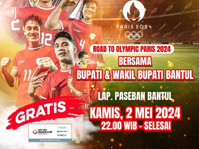 Poster nonton bareng (nobar) perebutan tempat ketiga Piala Asia U-23 antara Indonesia VS Irak di Lapangan Paseban, Bantul, Kamis (2/5/2024).