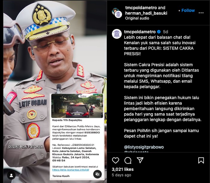 Surat konfirmasi tilang dikirim lewat WhatsApp
