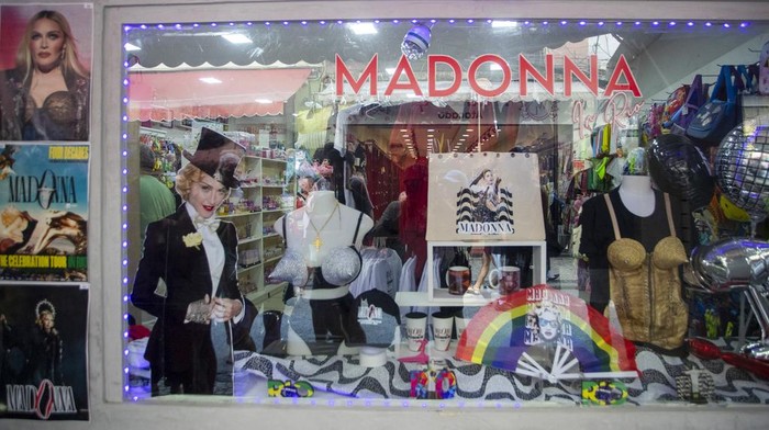 A store window features Madonna merchandise in Rio de Janeiro, Brazil, Thursday, May 2, 2024. Madonna will perform in concert at Copacabana Beach on Saturday. (AP Photo/Bruna Prado)