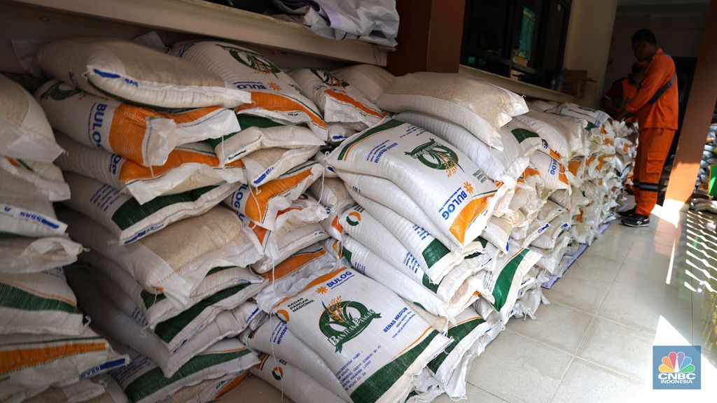 Petugas membantu penyaluran bahan pangan berupa beras di Kantor Kelurahan Mampang, Jakarta Selatan, Jumat, (3/5/2024). (CNBC Indonesia/Muhammad Sabki)