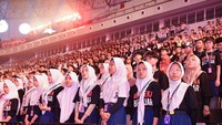 Menjadi tahun terakhir Nadiem Makarim menjabat sebagai Mendikbudristek, puncak perayaan Hardiknas 2024 berlangsung meriah. Sebanyak 8 ribu peserta memenuhi Indonesia Arena Gelora Bung Karno (GBK). Foto: (Devita Savitri/detikcom)