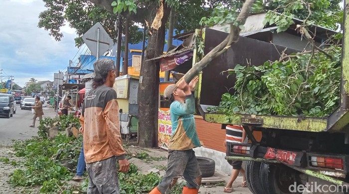Dinas PRKP Kota Palembang membersihkan sisa-sisa reruntuhan ranting pohon yang timpa mobil di Jalan Parameswara, Sabtu (4/5/2024).