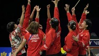 Ini merupakan pertama kalinya Indonesia masuk final Uber Cup, setelah 2008, saat ajang digelar di Jakarta. Pada Uber Cup 2008 itu Indonesia kalah dari China 0-3. (AP Photo/Ng Han Guan)