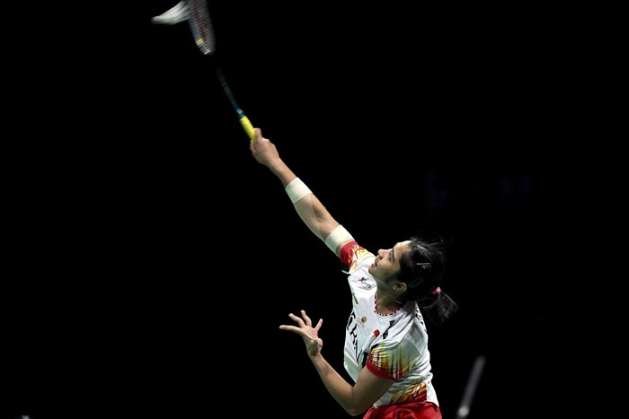 CHENGDU, CHINA - MAY 5: Ester Nurumi Tri Wardoyo of Team Indonesia competes in the Womens Singles Final match against He Bingjiao of Team China  during Thomas & Uber Cup Finals 2024 Day nine at Chengdu High-tech Sports Centre on May 5, 2024 in Chengdu, China. (Photo by Fred Lee/Getty Images)