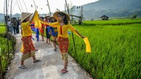 Penari menarikan tarian kebudayaan sunda saat mengikuti Festival Sawah.  