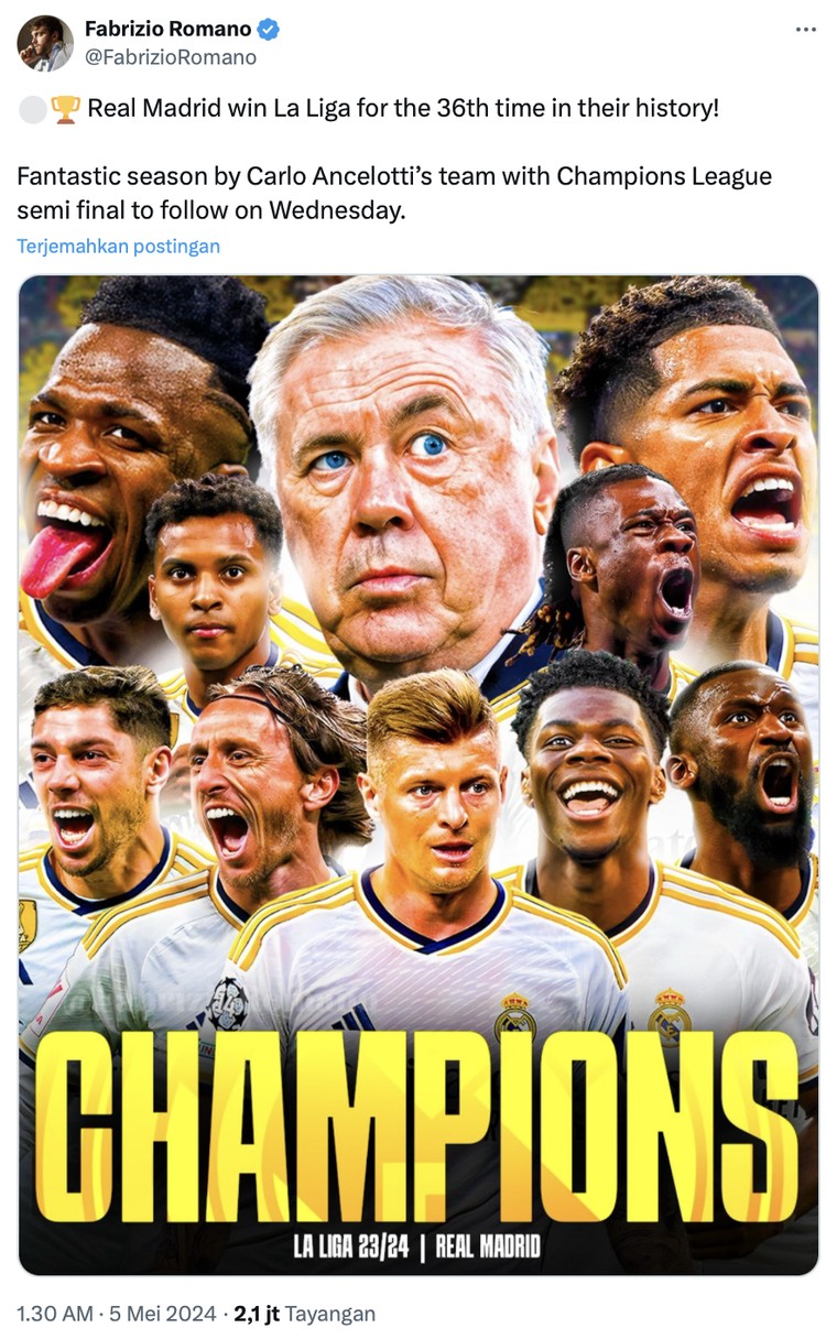 Meme Real Madrid juara Liga Spanyol 2023-2024