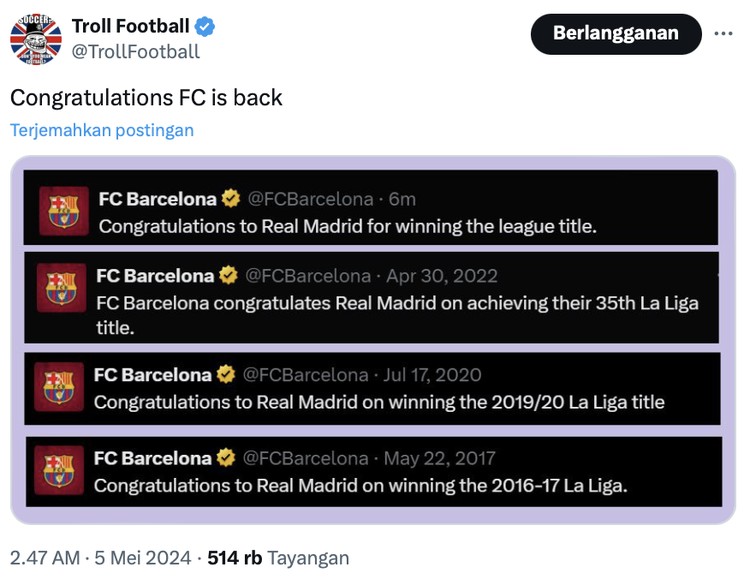 Meme Real Madrid juara Liga Spanyol 2023-2024