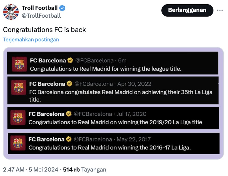 Meme Real Madrid juara Liga Spanyol 2023-2024