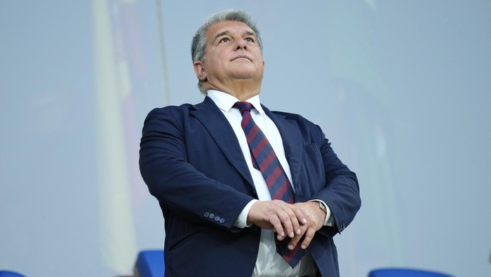Joan Laporta, Barcelona FC President, takes his place in the stands for the Spanish La Liga soccer match between Cadiz and Barcelona in Cadiz, Spain, Saturday, April 13, 2024. (AP Photo/Jose Breton)