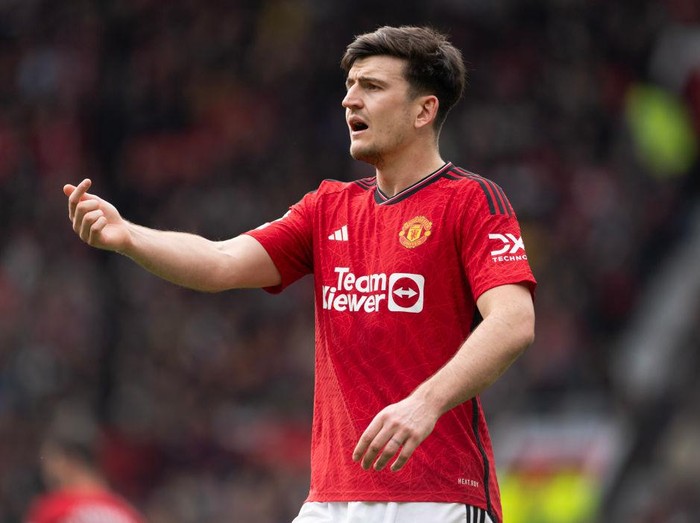 MANCHESTER, ENGLAND - APRIL 27: Harry Maguire of Manchester United in action during the Premier League match between Manchester United and Burnley FC at Old Trafford on April 27, 2024 in Manchester, England.(Photo by Visionhaus/Getty Images)