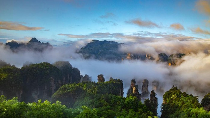 Taman Hutan Nasional Zhangjiajie diselimuti kabut. Taman tersebut tampak bak penampakan sebuah negeri di atas awan.