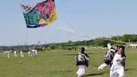 Peserta menerbangkan layang-layang terbesar di Jepang selama festival Oodako Matsuri di Sagamihara, selatan Tokyo, Jepang, Sabtu (4/5/2024).  