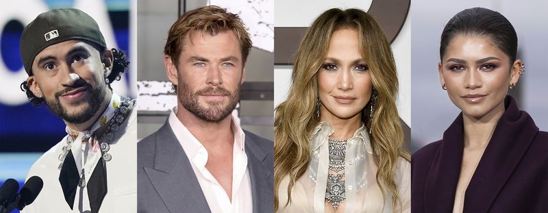 This combination of photos shows, from left, Bad Bunny, Chris Hemsworth, Jennifer Lopez and Zendaya, will join Anna Wintour as co-chairs of this year's Met Gala. (AP Photo)