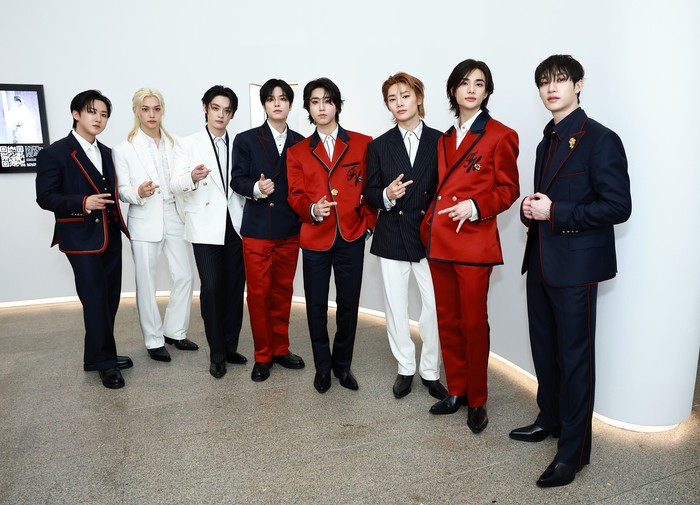NEW YORK, NEW YORK - MAY 06: (L-R) Bang Chan, Han, Felix, Seungmin, Hyunjin, I.N, Lee Know and Changbin of Stray Kids attends The 2024 Met Gala Celebrating Sleeping Beauties: Reawakening Fashion at The Metropolitan Museum of Art on May 06, 2024 in New York City. (Photo by Dia Dipasupil/Getty Images)