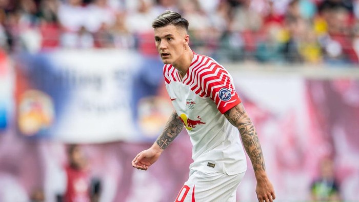 LEIPZIG, GERMANY - APRIL 27: Benjamin Sesko of RB Leipzig looks on during the Bundesliga match between RB Leipzig and Borussia Dortmund at Red Bull Arena on April 27, 2024 in Leipzig, Germany. (Photo by Luciano Lima/Getty Images)